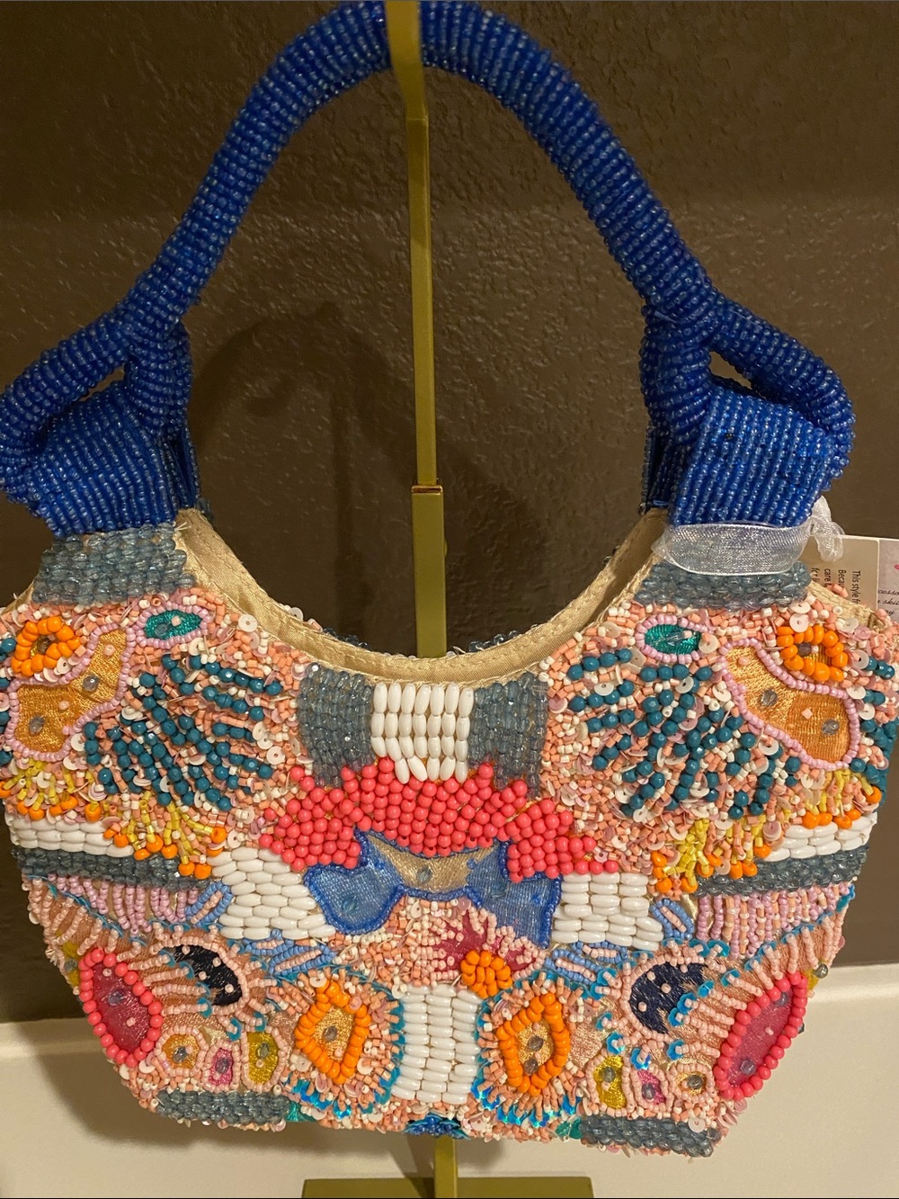 New Colorful Beaded Bag with Blue Handles - Picture 2 of 9
